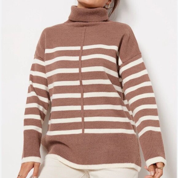 Line & Dot Sweaters - NWT Line And Dot Evereve Brown Striped Long Sleeve Turtleneck Tunic Sweater sz S